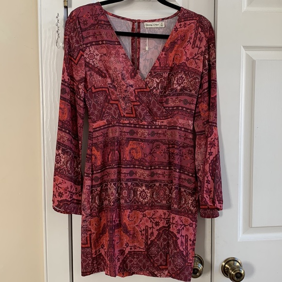 Bohemian multicolor pink bell sleeve hippie dress by Runaway heart size 8 - Picture 2 of 8